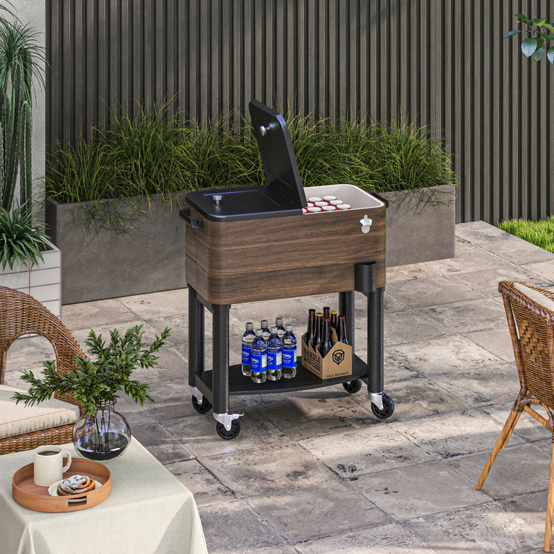 Chariot refroidisseur de patio 60 pintes - brun. Fabrication robuste avec roues verrouillables. Garde les boissons au frais pendant 36 heures. Ouvre-bouteille intégré et bouchon de drainage efficace
