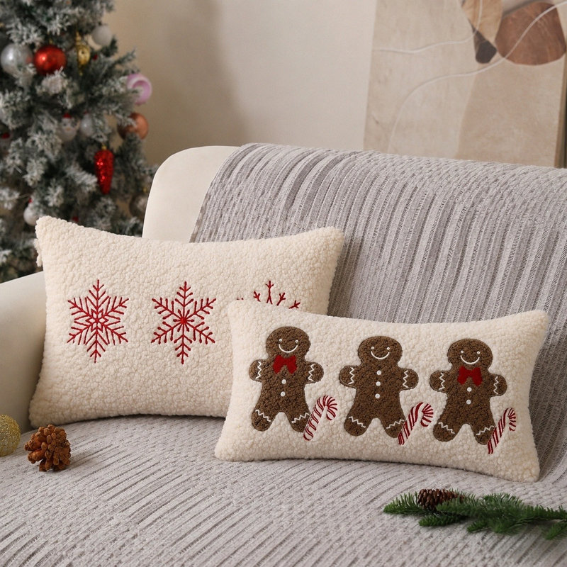 20x12 Inch Sherpa Embroidered Christmas Throw Pillow Covers Snowflake Gingerbread Man Pillowcases