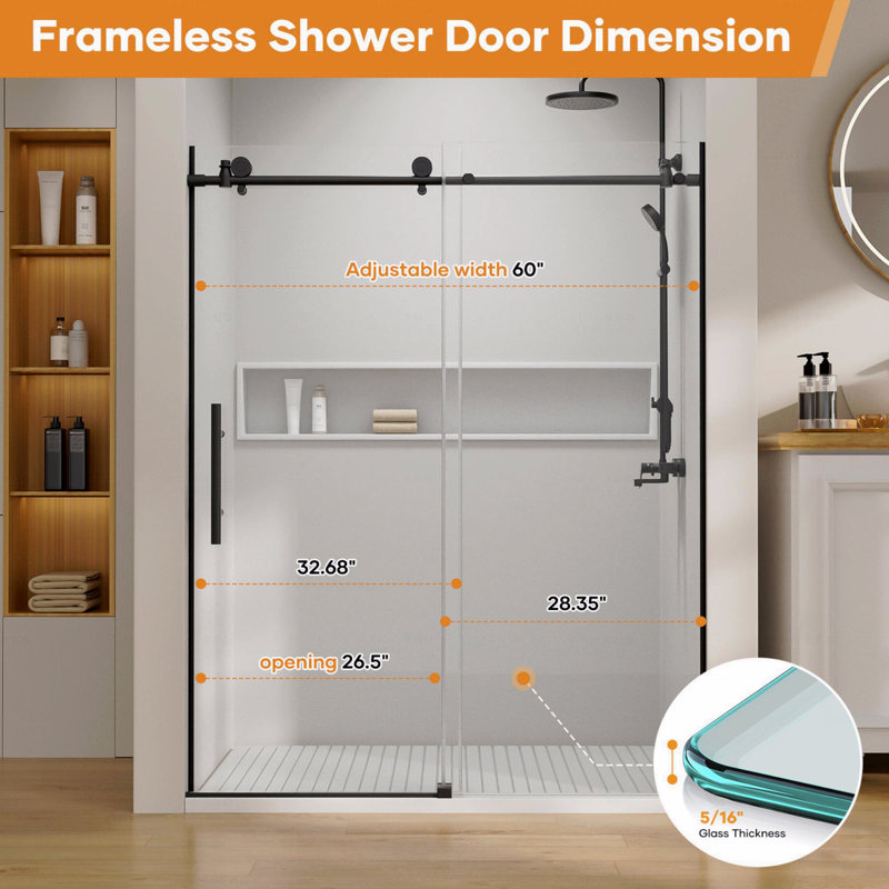 Porte de douche à ouverture coulissante simple sans cadre de 56 po à l 76 po x H 76 po avec quincaillerie en verre trempé épaissie de 8 mm
