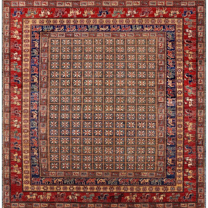 Tapis oriental vert / beige / rouge, Carré 5 pi