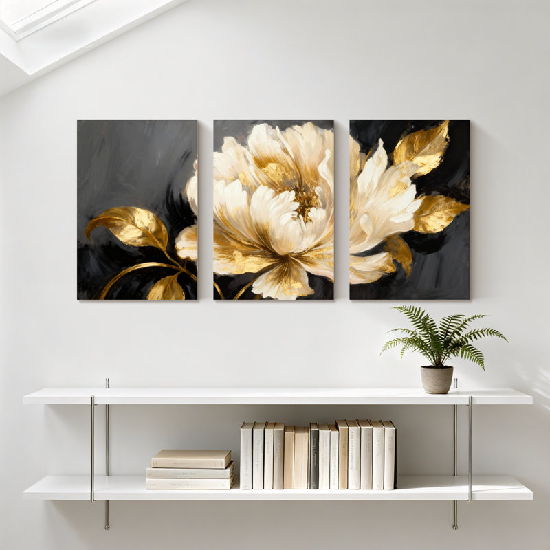 Pivoine fleur dorée sur fond foncé, ensemble de 3 impressions sur toile, H 36 po x l 72 po