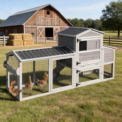 Chicken Coop With Run On Wheels - Poultry House With Nesting Box, Leakproof Pull-out Tray And Waterproof Roof For 4-6 Chickens (gray, 80.6"x26.6"x42.5")