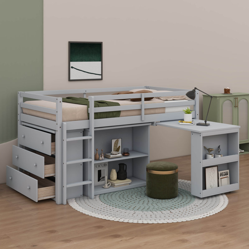 Lit mezzanine simple avec tiroir, étagère et bureau coulissant, gris