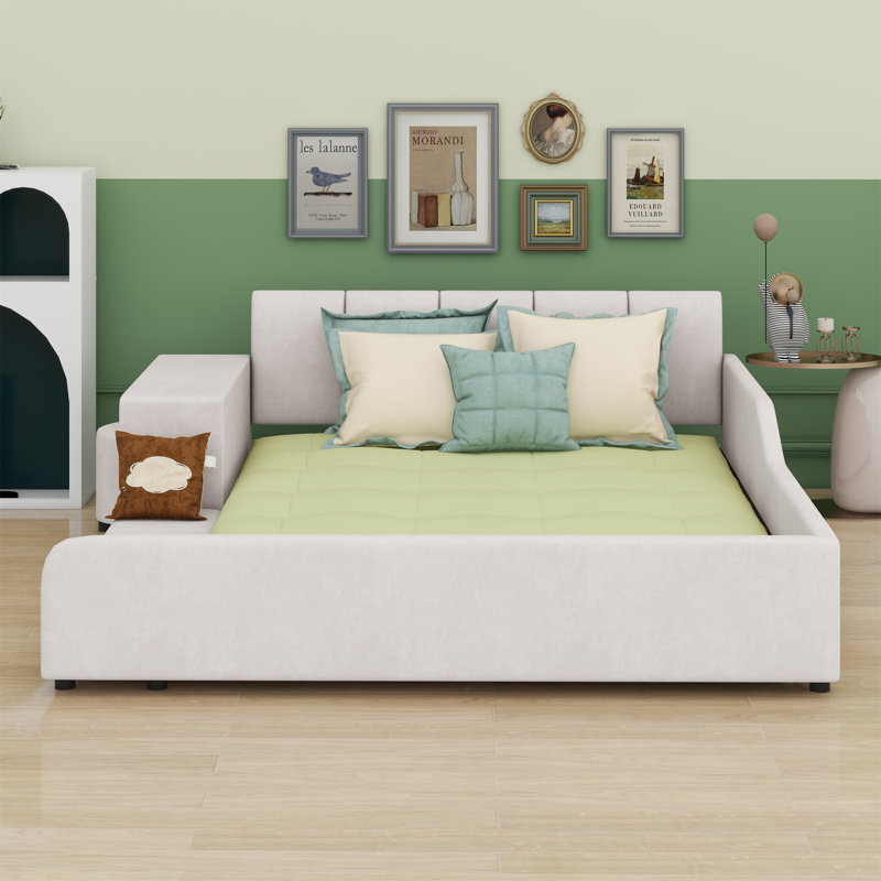Upholstered Grounded Bed, Child Bed With Bedside Desk And Little Round Stool, Queen, Beige