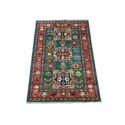 Super Kazak afghan 2 pi 10 po x 4 pi, super Kazak afghan avec motif de médaillons géométriques, noué à la main, colorants végétaux, laine pure, échantillon, tapis, tapis oriental