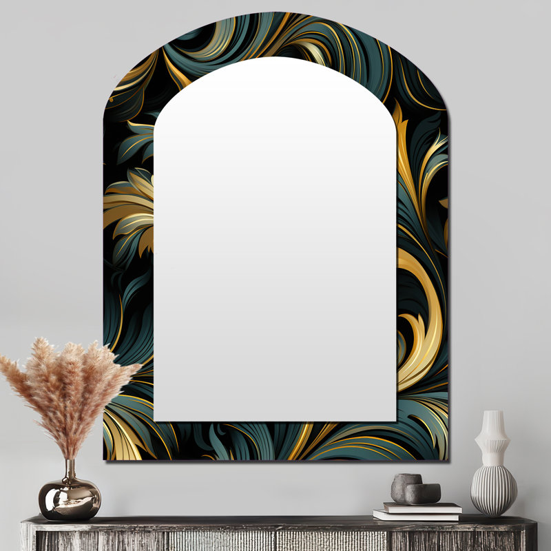 Or et bleu luxe damassé symphonie - miroir mural voûté, miroir décoratif asymétrique doré, 43 po x 33 po