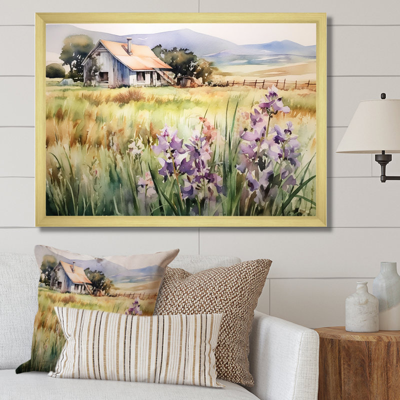 " Lavender Countryside Meadows ", Gold Single Picture Framed, 24" H x 32" W x 1" D