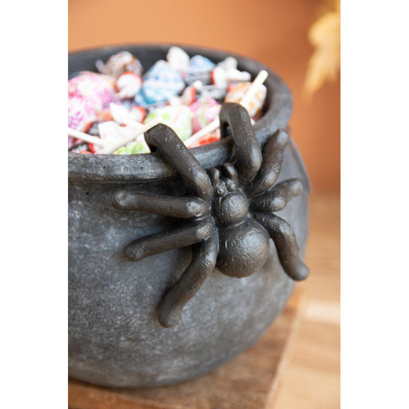 BLACK TERRACOTA HALLOWEEN CANDY CAULDRON WITH SPIDER