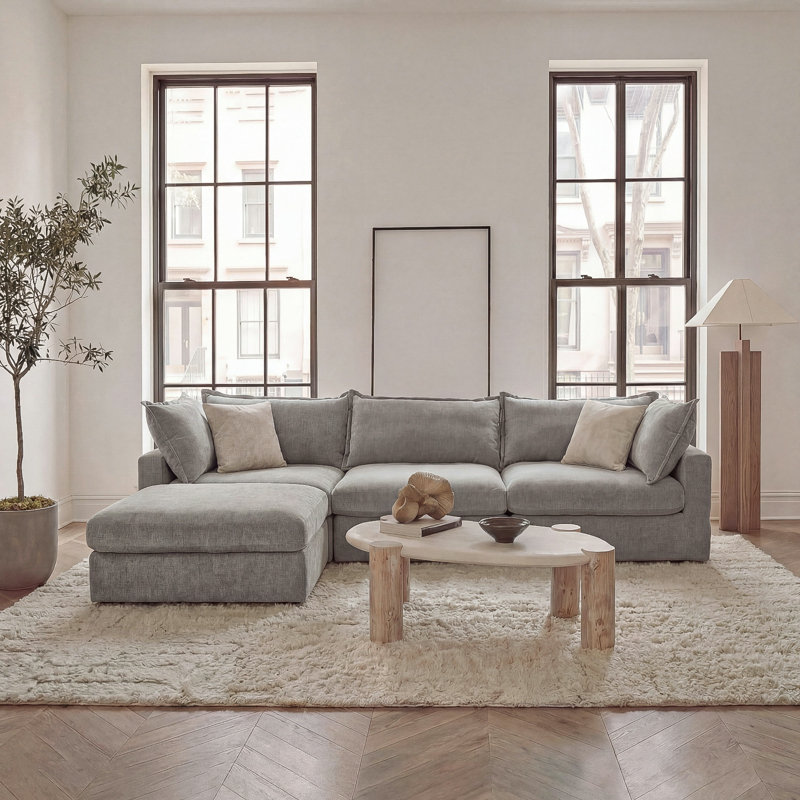 118.5" Down Filled  Modular Sectional Sofa With Storage Ottoman For Living Room, Light Grey, Gray