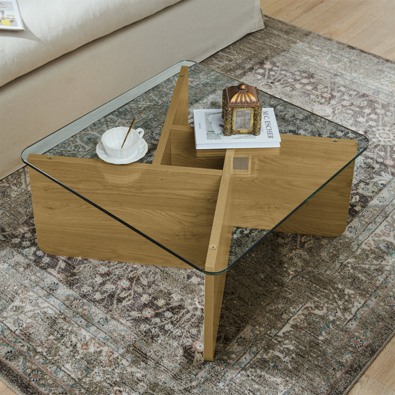 Table basse 31,5 pouces en verre, table basse carrée de style Mid-Century moderne, table basse en bois, table basse carrée avec plateau en verre trempé