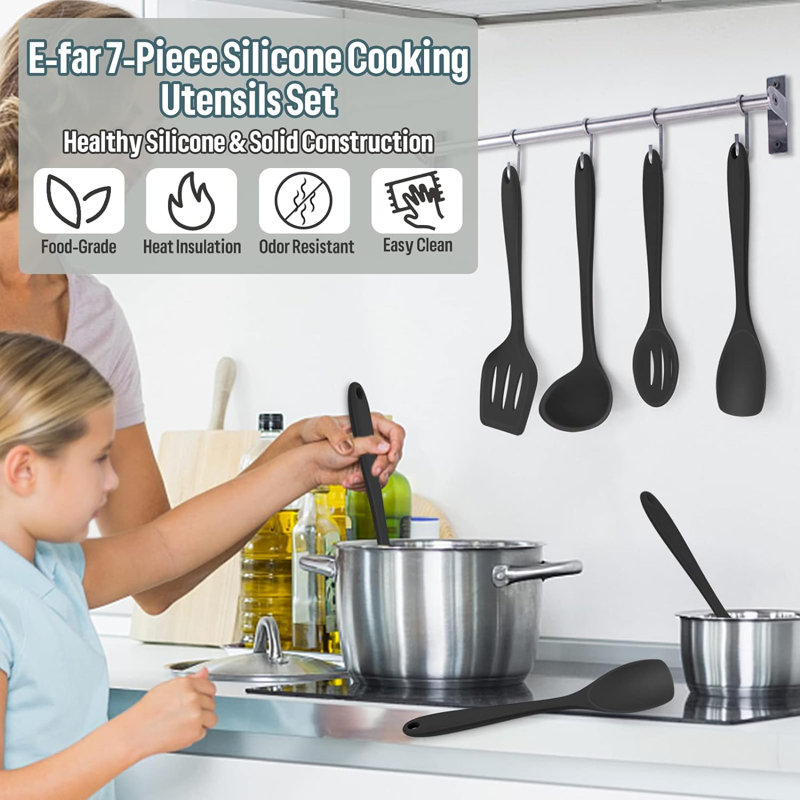 Black Silicone Heat Resistant Cooking Utensils Set, 7-Piece