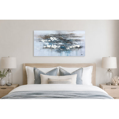 Blue Gray Abstract Wrapped Canvas Wall Art for Living Room, Bedroom & Office | Modern Coastal Contemporary Printed Canvas Decor