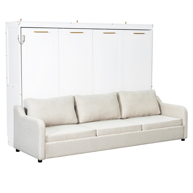 Grand lit avec rangement encastré, mobilier à DEL, beige et compact pour petits appartements, pratique