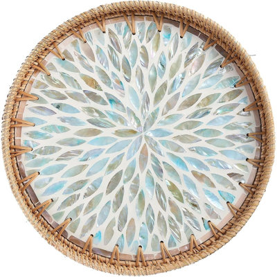 Plateau rond en rotin avec incrustation de nacre, plateau de service en rotin pour le café, le pain, les fruits, plateau décoratif en osier pour la table, décoration intérieure, îlot de cuisine, Ambilight