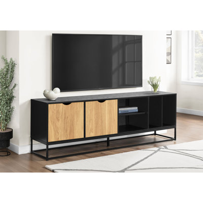 Console de meuble télé 72 po en stratifié noir avec métal pour aménagement de salon moderne et fini