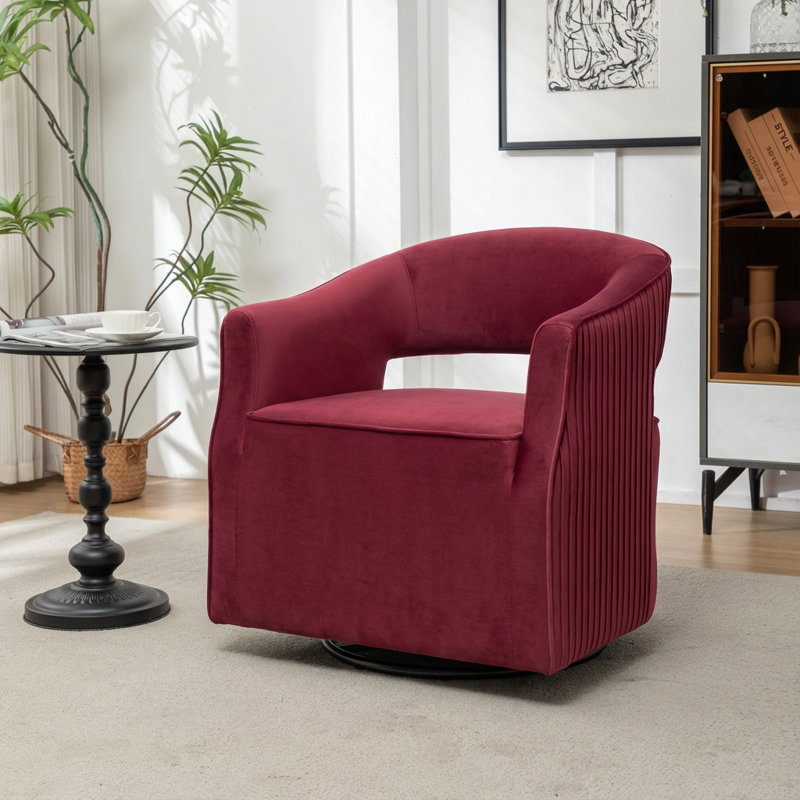 Fumiyo 27.6'' Wide Velvet Swivel Barrel Chair, Red