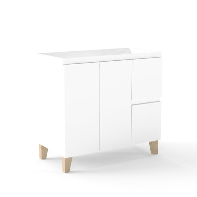 Meuble-lavabo moderne de 91 cm (36 po) avec 2 portes et tiroirs, fermeture amortie, poignées élégantes, fini blanc brillant, pieds en bois massif, compatible avec un meuble-lavabo en céramique.