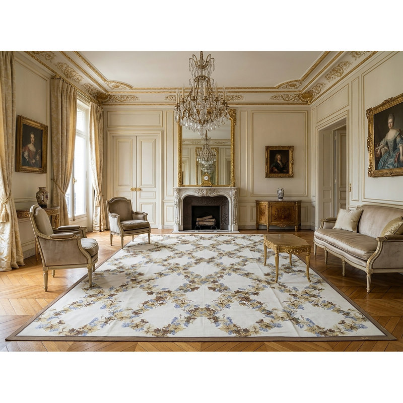 Tapis à tissage plat rétro Aubusson, treillis ivoire 9 pi 0 po x 12 pi 0 po