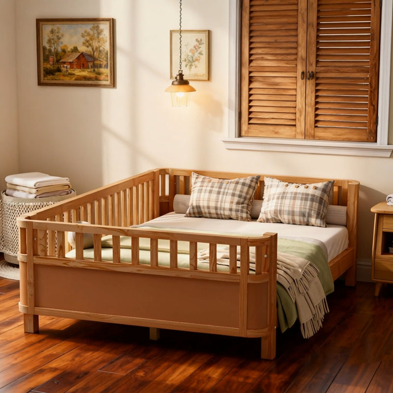 Full Size Wood Platform Bed for Kids, Wood Low Profile Full Bed with Rails for Girls and Boys, Natural (Patented Design)