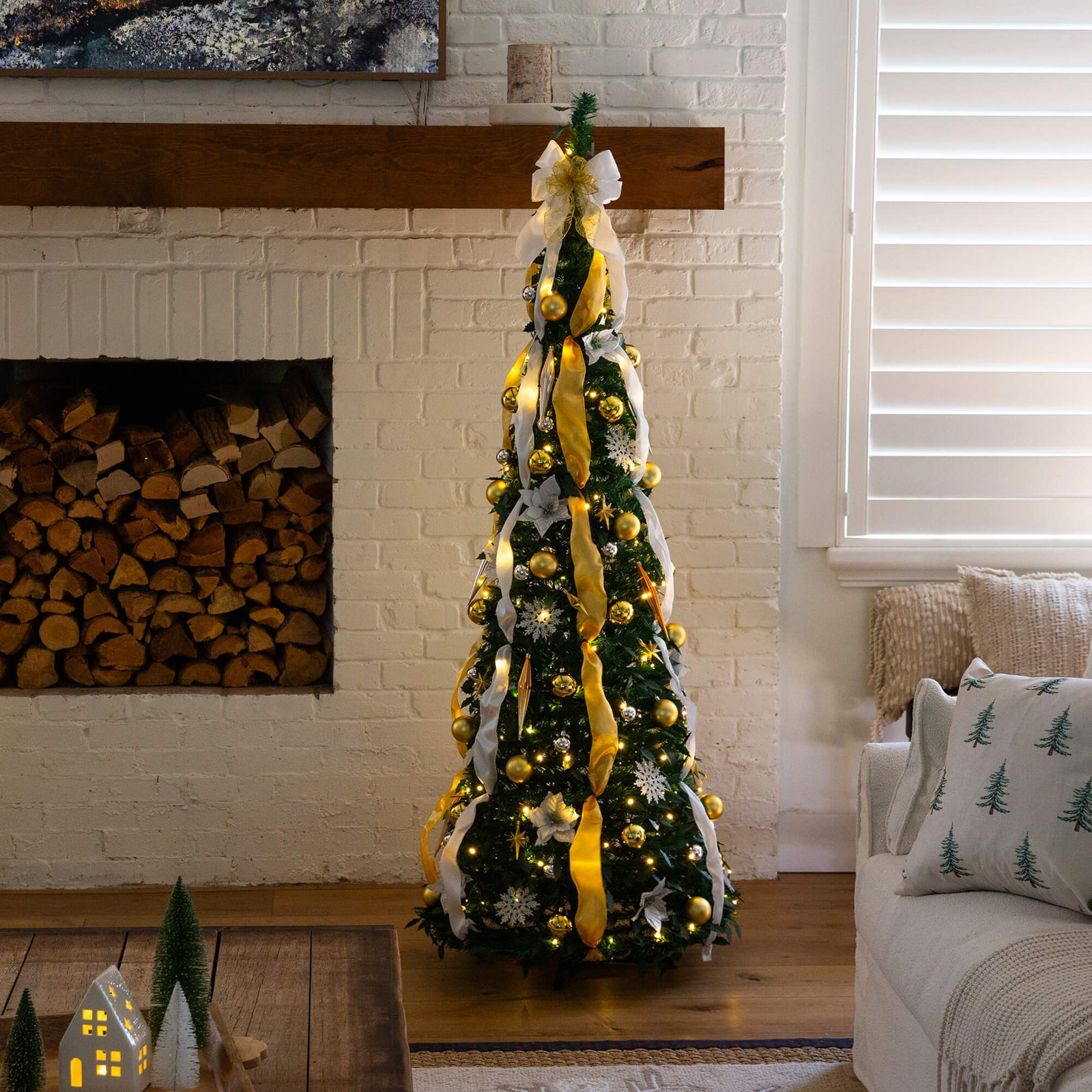 Gold 6' Pre-Lit Pine Christmas Tree, 6" H x 27" W x 24" D