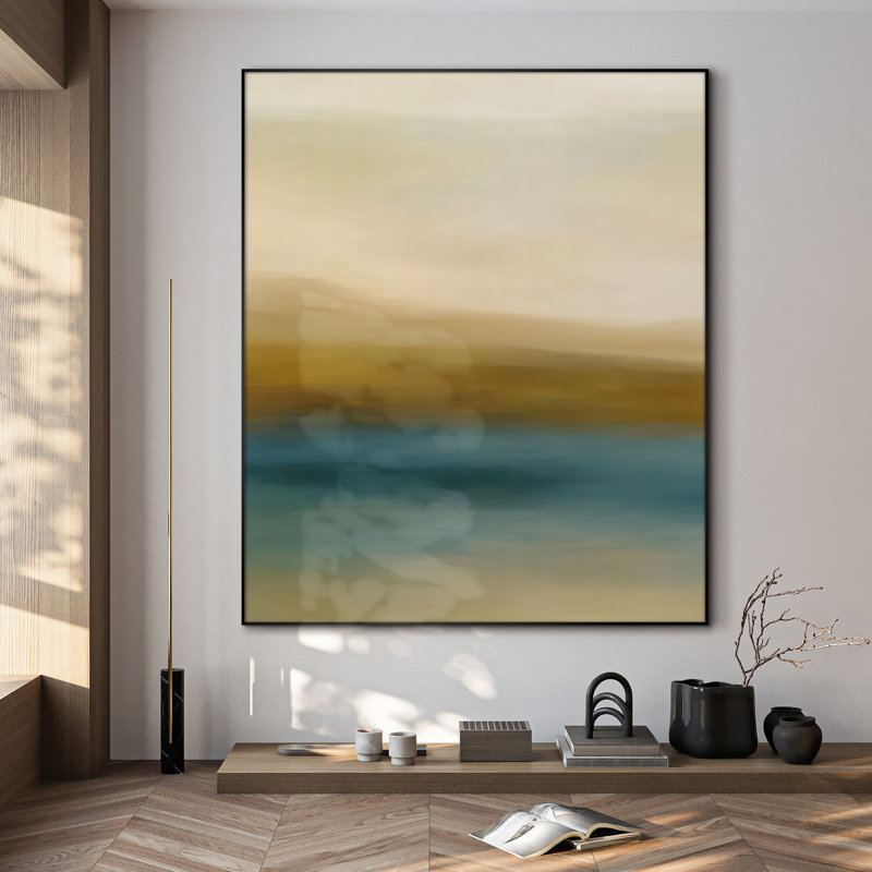 Très grande reproduction d'art sur toile - Collines dorées et bleu sarcelle mélangées, décoration abstraite pour le salon ou la chambre à coucher - «Assemblage requis du cadre (cadre non fini)»
