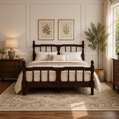 Full Size Wood Platform Bed Frame, Wooden Classic Bed Frame with Spindle Headboard and Footboard, Wood Slat Support, Traditional Farmhouse Style,no bo