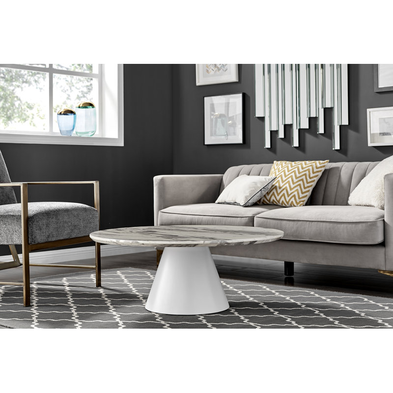 Palm Luxury Pedestal Round Coffee Table, White & Gray Top/White Base