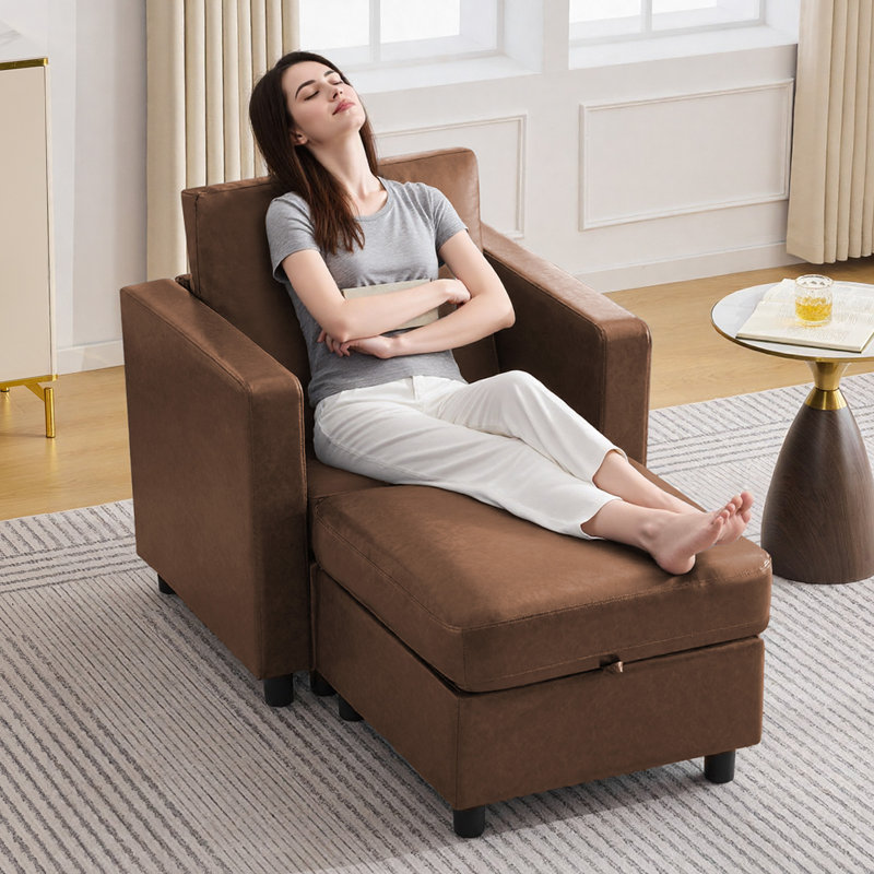 Ensemble de canapé modulaire en similicuir avec repose-pieds de rangement - 1 siège + repose-pieds, 1 Seat + 1 Ottoman, Brown