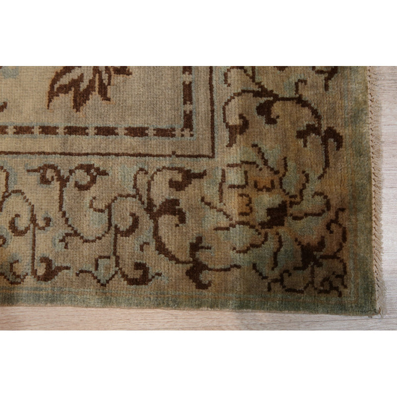 Green Hand-Knotted Wool Detailed Floral Scrollwork Geometric Modern Contemporary Carpet Rug, 6' x 9'
