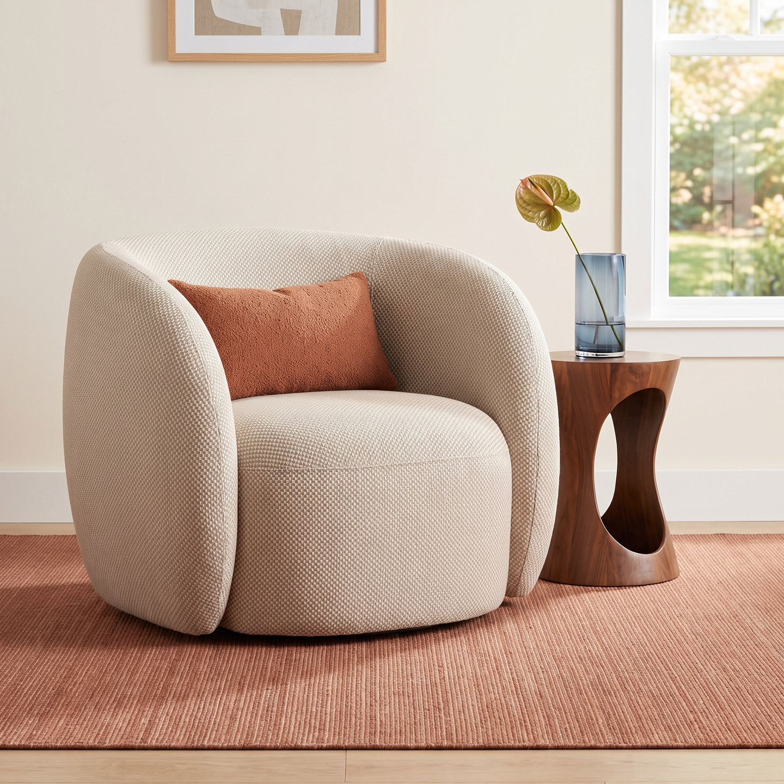 Millen Outdoor Barrel Chair, Beige Performance Basketweave