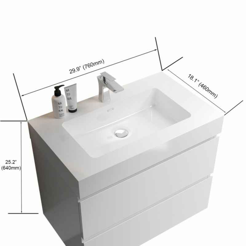 Lavabo intégré à surface solide sans armoire, drain et robinet, couleur blanc brillant