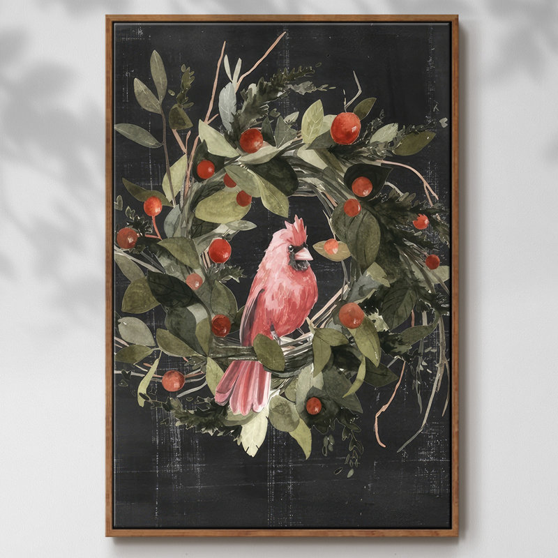Christmas Cardinal II, reproduction d'art sur toile, H 41 po x l 27 po x P 1,5 po, Cadre noyer