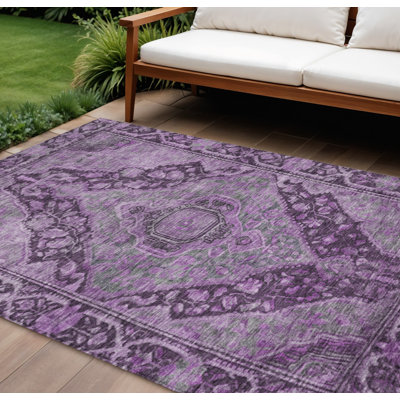 Tapis intérieur/extérieur lavable à motif médaillon aubergine et lavande, 3 m x 4,2 m