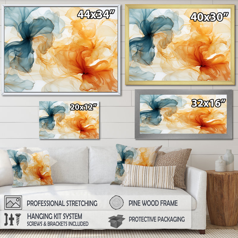Encre orange et bleue - Collages abstraits, art mural, H 34 po x l 44 po x P 1,5 po, Cadre d'angle fermé noir