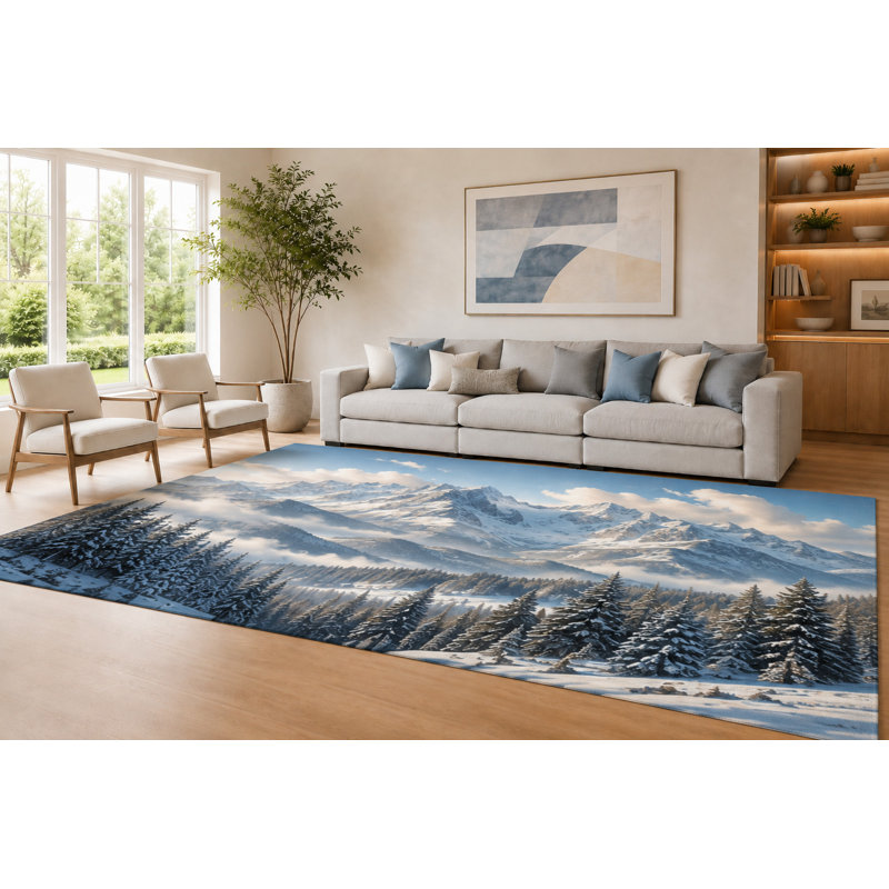Tapis «Snowy» de 6 pi 7 po x 9 pi 10 po «Ultra Light Poids» bleu et blanc pour le salon, tapis doux à poils courts avec envers en silicone antidérapant, décoration pour la salle à manger et le bureau à domicile