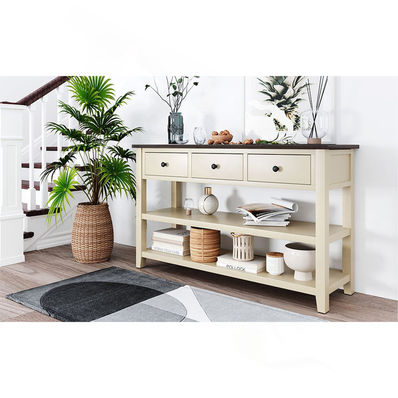 Console rétro avec deux tablettes ouvertes, structure en bois de pin massif et pieds pour le salon, Brun / Beige