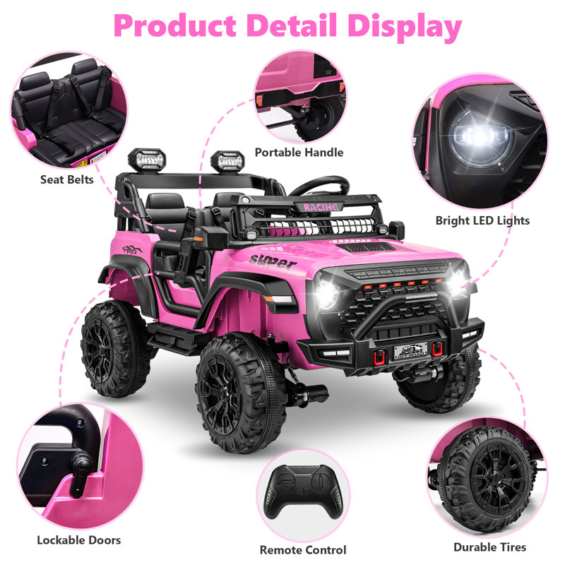 Jouets électriques Jeeps 24 places 2 places avec télécommande, Bluetooth, musique, lumières, 3 vitesses, Rose