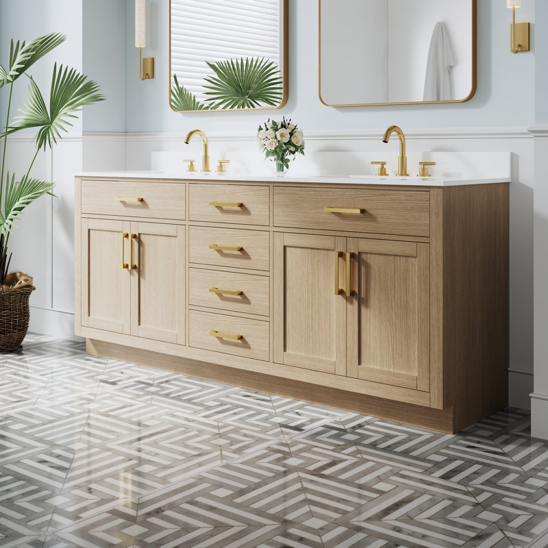 Meuble-lavabo autoportant en bois massif l 80 po x H 35 po avec comptoir en marbre de culture blanc et double lavabo en céramique, chêne