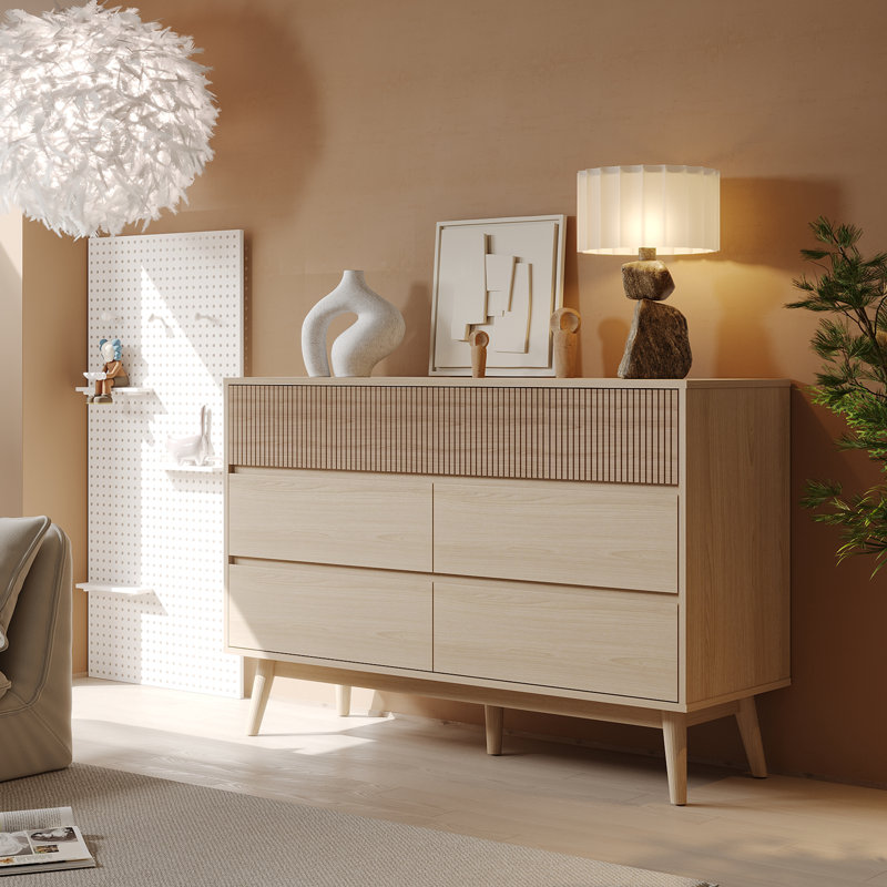 Commode 8 tiroirs, commode, surface rayée et tiroirs sans tiroirs en bois naturel pour le salon, la chambre à coucher, 
