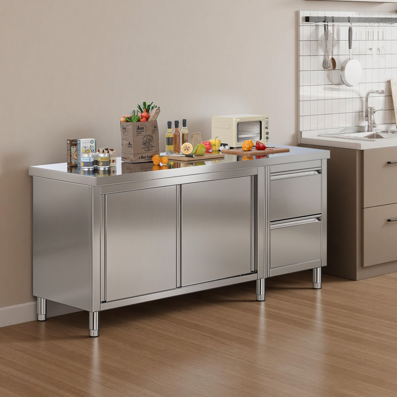 72 po x 24 po x 33,5 po Table de travail en acier inoxydable avec armoire, armoire de table en acier inoxydable avec portes coulissantes pour les travaux de préparation à la maison, au restaurant, au garage et à l'hôtel