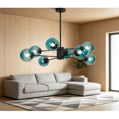 Lustre spoutnik en verre bleu Mid-Century moderne à 8 lumières, plafonnier encastré en globe noir mat avec adaptateur de plafond incliné, grand luminaire suspendu en verre industriel pour salle à manger