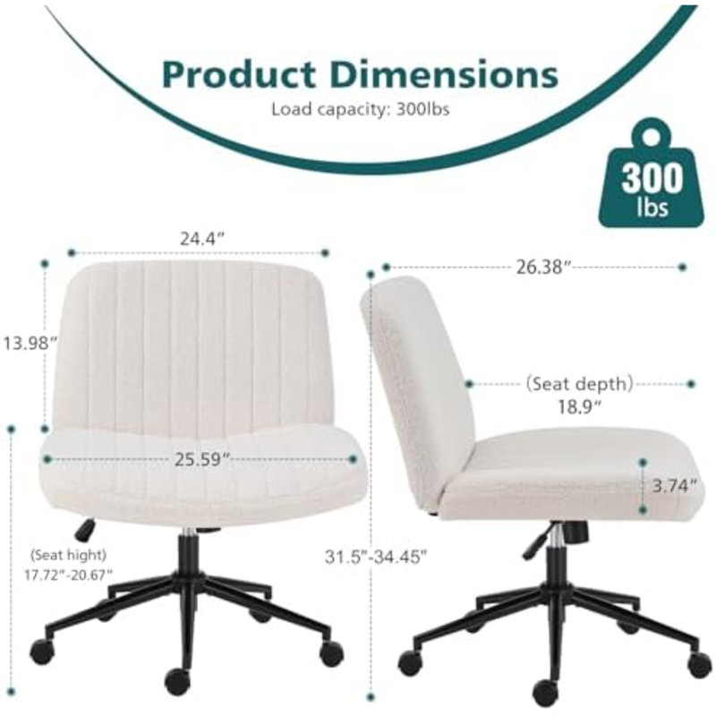 Chaise de bureau Aguilera avec assise large de 66 cm (26 pouces), piètement croisé, sans accoudoirs et à roulettes, Yes