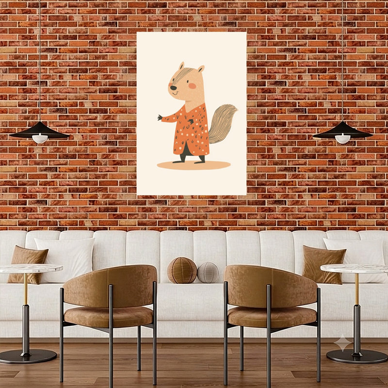 Happy Squirrel In Coat Modern Playful Contemporary Squirrel Autumn Forest Wall Art Print by Mathieu - Wrapped Canvas Print