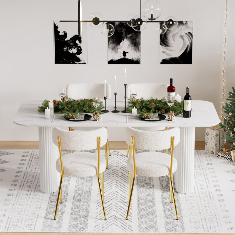 Ensemble de salle à manger rectangulaire à double piédestal avec table de salle à manger de style crème, Blanc, 5