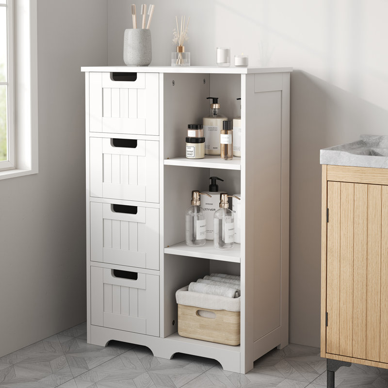 Wooden Floor Storage Cabinet, Side Storage Cupboard with 4 Drawers, Freestanding Entryway/Bathroom Storage Organizer