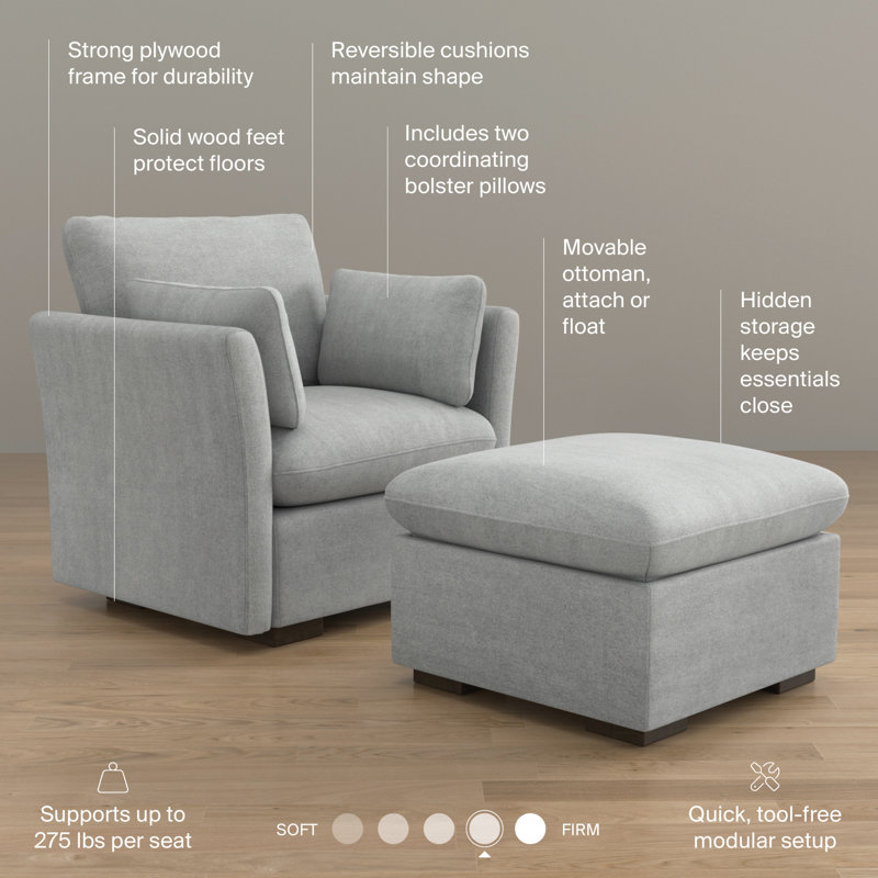 Stedman Modular Accent Chair With Storage Ottoman, Living Room Furniture, Dove Gray
