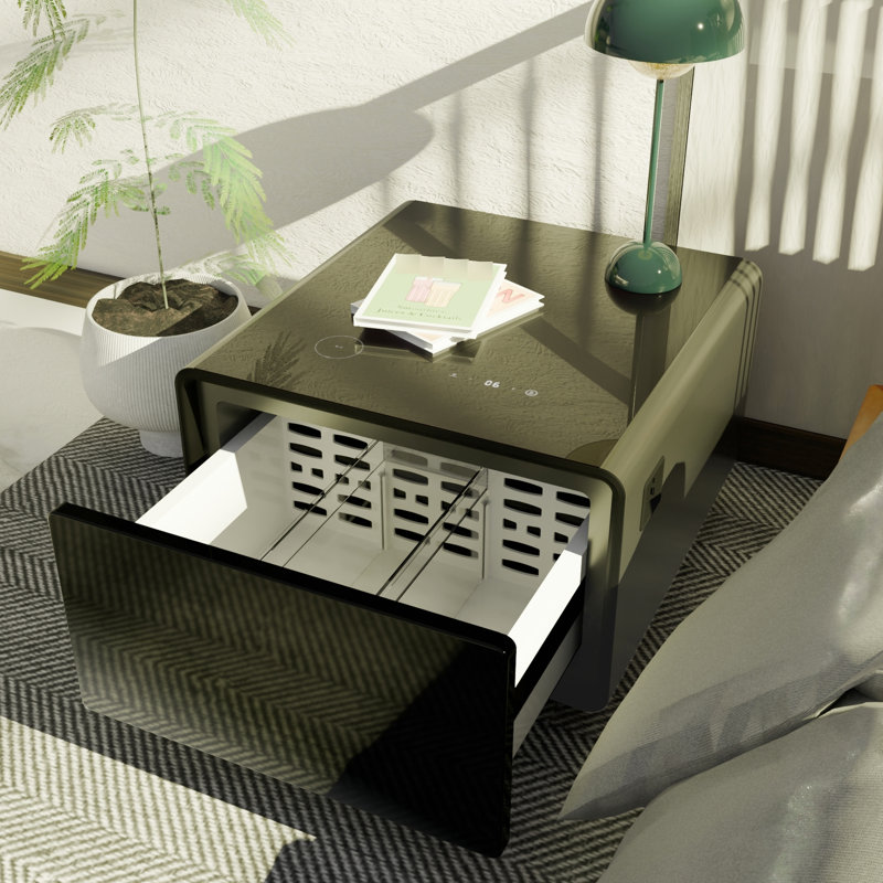 Table moderne moderne avec réfrigérateur intégré, chargement sans fil et réfrigérateur frontal noir de luxe à contrôle de température