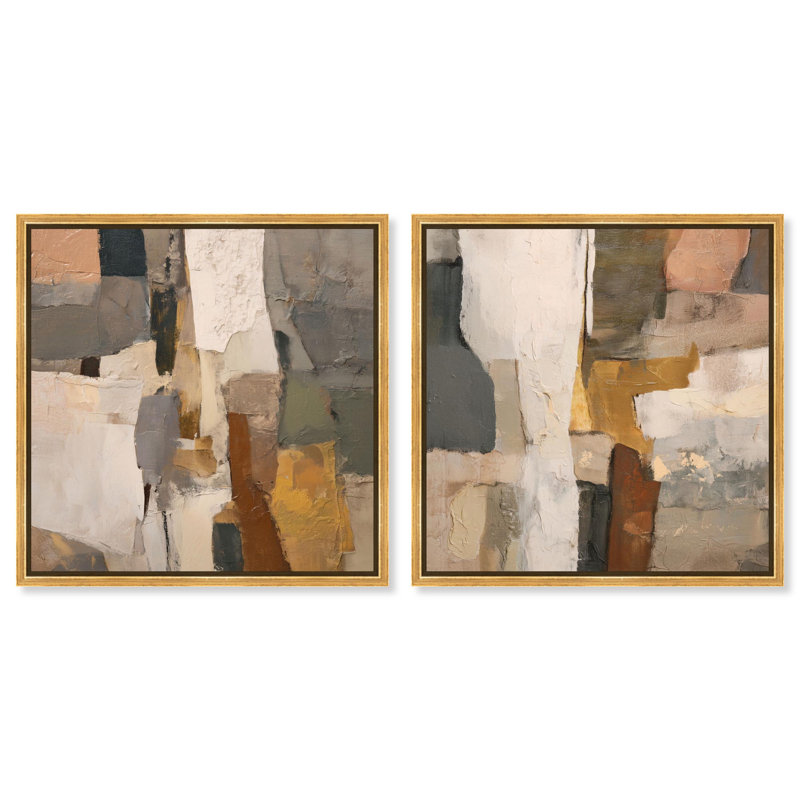 Patchwork Plains Set Canvas Print Beige Wall Decor Set by Art Remedy, Black Frame, 12 x 12, 13" H x 13" W, Gold Frame