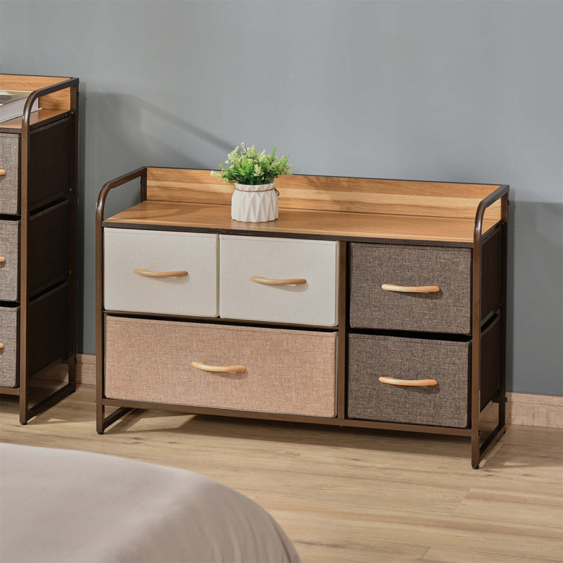 Commode à 5 tiroirs en tissu, organisateur à 2 niveaux avec structure en acier et plateau en bois pour le rangement de la chambre à coucher et du vestibule