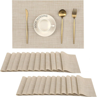 Beige Placemats Set Of 24 Heat Resistant Non Slip Place Mats For Dining Table Washable Durable PVC Vinyl Woven Table Mats Beige 24